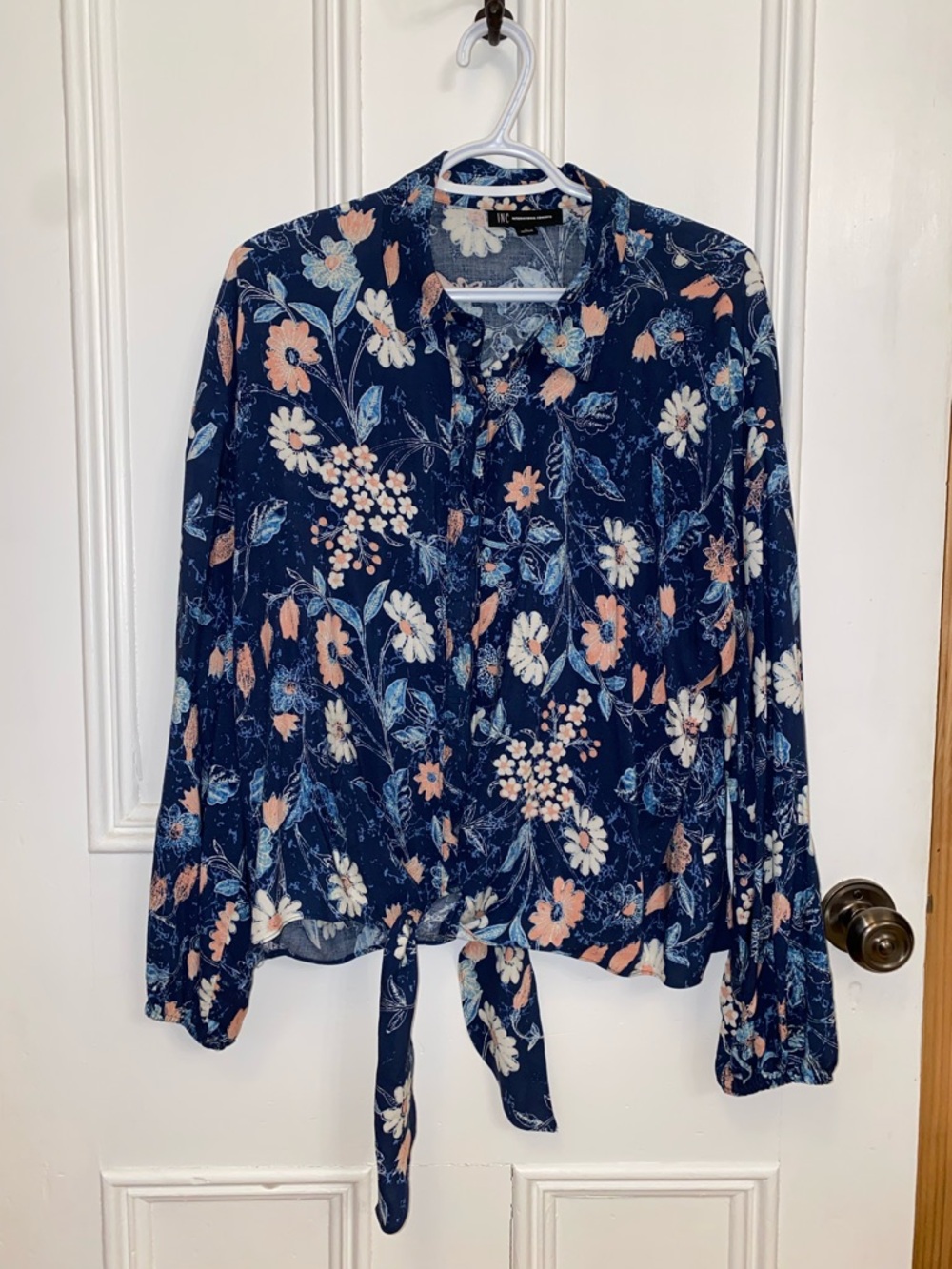 INC Navy Floral Tie-Front Blouse